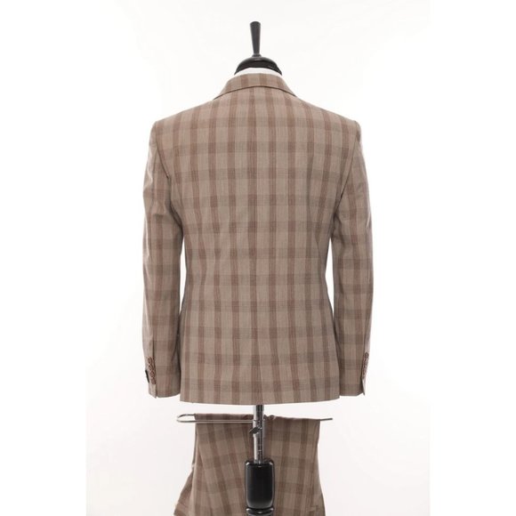 Derman Brown Square Patterned Fabric 3 Piece Double Breasted Suit - Picture 5 of 6